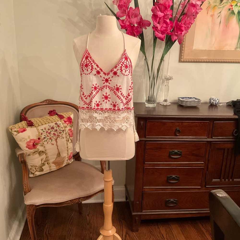 Free People Red and White Embroidered Lace Slip